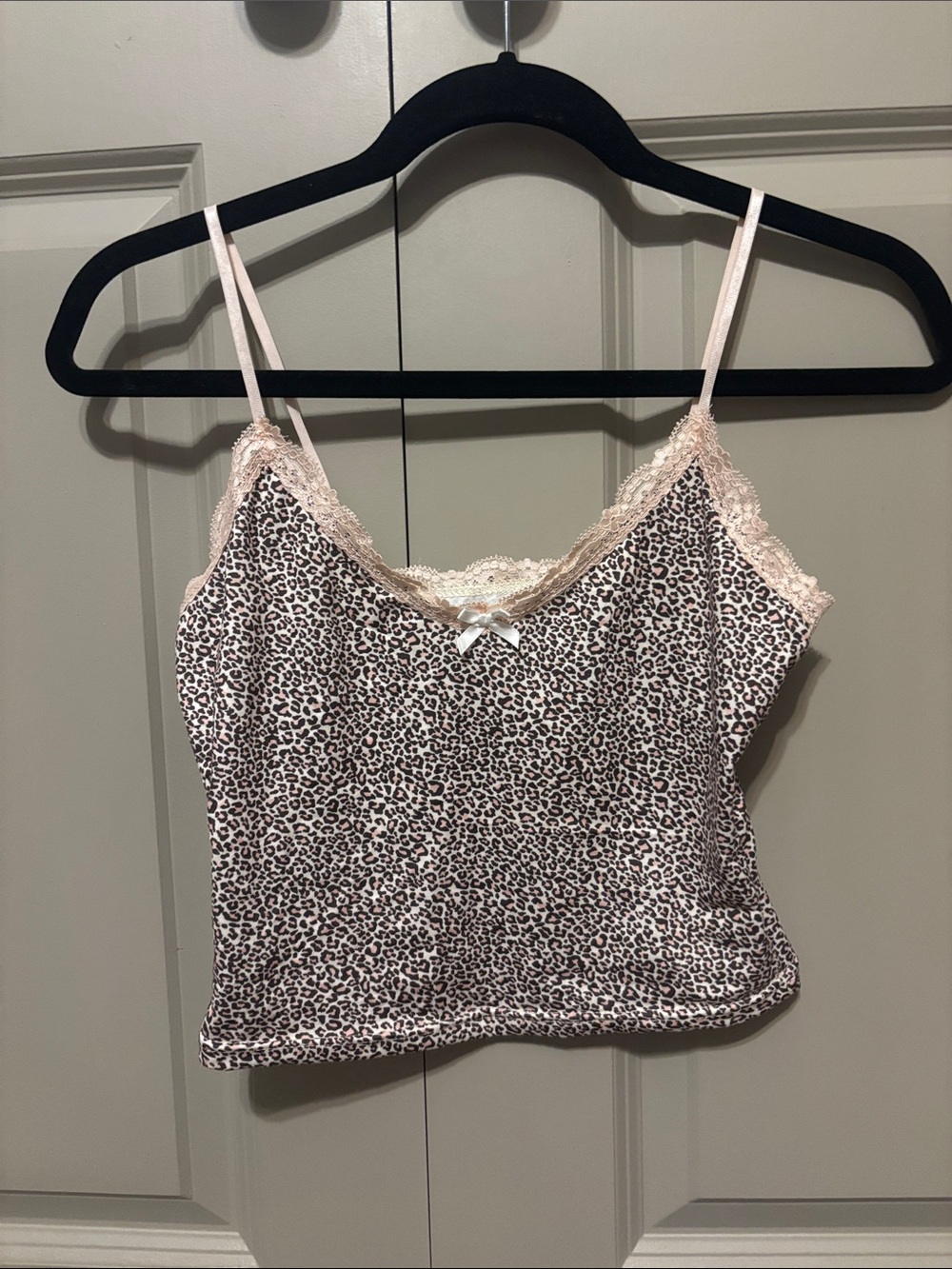 Leopard Print Satin Cami with Lace Trim - Pink